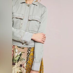 Anthropologie Piped Mint Linen Trucker Jacket Size XS